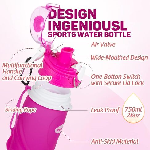 Kemier Collapsible Silicone Water Bottles-750ML,Medical Grade,BPA Free Travel Water Bottle Can Roll Up,26oz,Leak Proof Foldable Sports & Outdoor Water Bottles in Saudi Arabia
