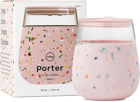 W&P Porter Wine Cocktail Glass w/Protective Silicone Sleeve Terrazzo Blush 15 Ounces On-the-Go Reusable Portable Dishwasher Safe in Saudi Arabia