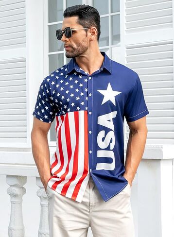 uideazone Mens 4th of July American Flag Patriotic Shirt USA Short Sleeve Button Up Independence Day Shirt M-XXL in Saudi Arabia