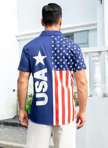 uideazone Mens 4th of July American Flag Patriotic Shirt USA Short Sleeve Button Up Independence Day Shirt M-XXL in Saudi Arabia