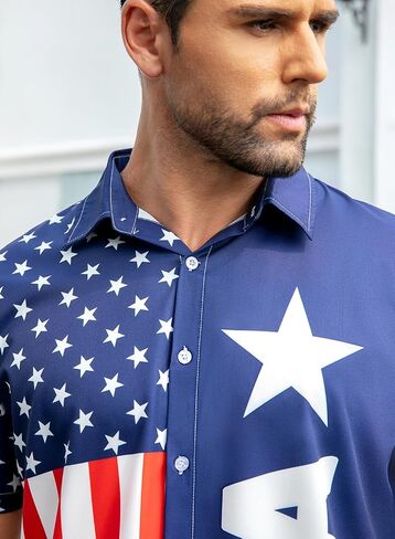 uideazone Mens 4th of July American Flag Patriotic Shirt USA Short Sleeve Button Up Independence Day Shirt M-XXL in Saudi Arabia