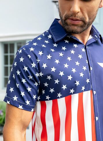 uideazone Mens 4th of July American Flag Patriotic Shirt USA Short Sleeve Button Up Independence Day Shirt M-XXL in Saudi Arabia