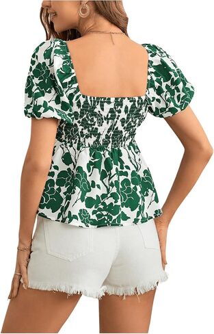 SweatyRocks Women's Floral Print Short Puff Sleeve Peplum Blouse Ruched Sweetheart Neck Shirt Tops in Saudi Arabia