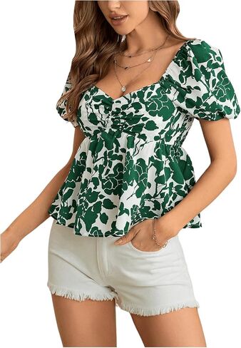 SweatyRocks Women's Floral Print Short Puff Sleeve Peplum Blouse Ruched Sweetheart Neck Shirt Tops in Saudi Arabia