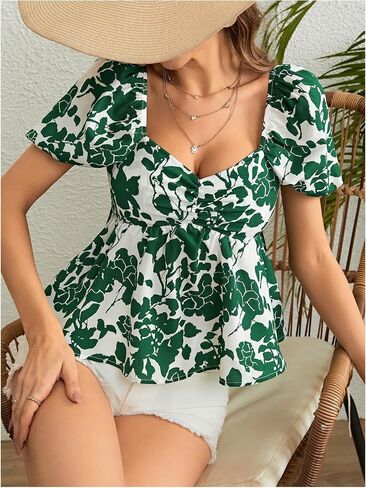 SweatyRocks Women's Floral Print Short Puff Sleeve Peplum Blouse Ruched Sweetheart Neck Shirt Tops in Saudi Arabia
