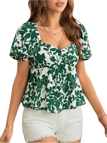 SweatyRocks Women's Floral Print Short Puff Sleeve Peplum Blouse Ruched Sweetheart Neck Shirt Tops in Saudi Arabia