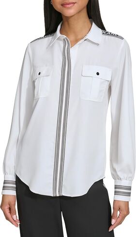 Karl Lagerfeld Paris Women's Grogain Stripe Detail Button Down Blouse in Saudi Arabia