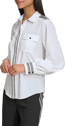 Karl Lagerfeld Paris Women's Grogain Stripe Detail Button Down Blouse in Saudi Arabia