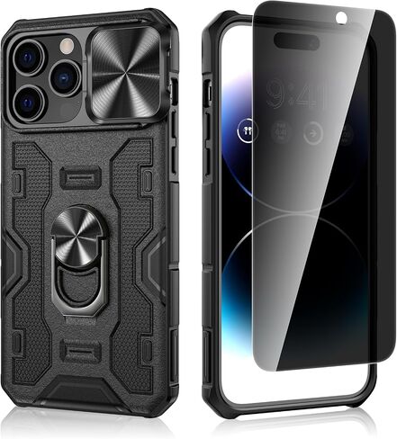 حافظة VEGO لهاتف iPhone 14 Pro Max، حافظة iPhone 14 ProMax بمسند مع غطاء كاميرا منزلق مدمج بحامل حلقي يدور 360 درجة، حافظة هاتف مغناطيسية مقاومة للصدمات لهاتف iPhone 14 Pro Max 6.7 بوصة 2022 - أسود in Kuwait