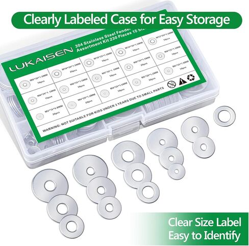 304 Stainless Steel Large Fender Washers Assortment Kit, 230 Pieces 15 Sizes – M3 M4 M5 M6 M8 M10 M12 Suitable for Furniture Installation, Ship Car Assembly, DIY Project, Electrical Connections in Saudi Arabia