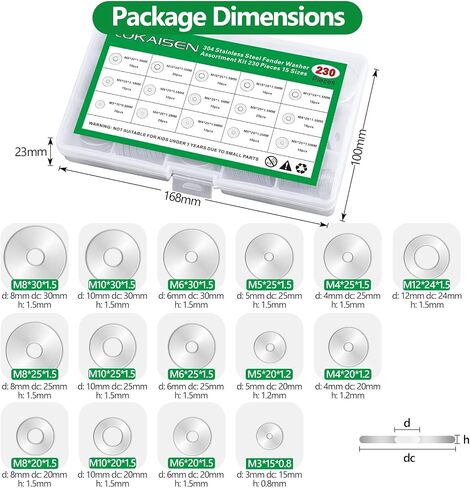 304 Stainless Steel Large Fender Washers Assortment Kit, 230 Pieces 15 Sizes – M3 M4 M5 M6 M8 M10 M12 Suitable for Furniture Installation, Ship Car Assembly, DIY Project, Electrical Connections in Saudi Arabia