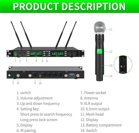XTUGA MK-230 4 قنوات تنوع حقيقي UHF نظام ميكروفون لاسلكي ميكروفون لاسلكي مع 4 ميكروفون محمول باليد بناء معدني تردد قابل للتعديل مسافة طويلة 328 قدم للمناسبات الخارجية لحفلات الكنيسة in Kuwait
