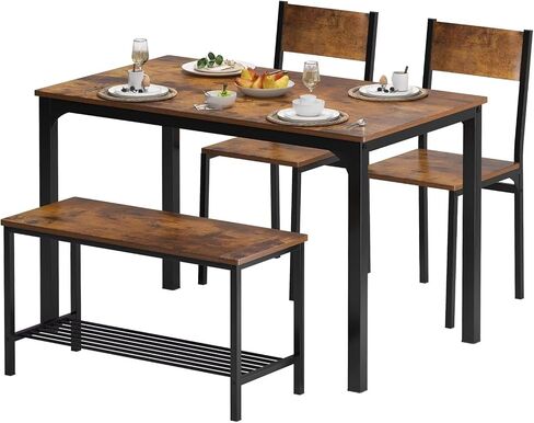 SDHYL Dining Table Set,Two Chairs and One Bench 4 Pieces Set Wooden Table Top with Metal Legs for Breakfast in Living Room, Kitchen Room, Dining Room,Space Saving Kitchen Table Set,Rustic Brown in Saudi Arabia