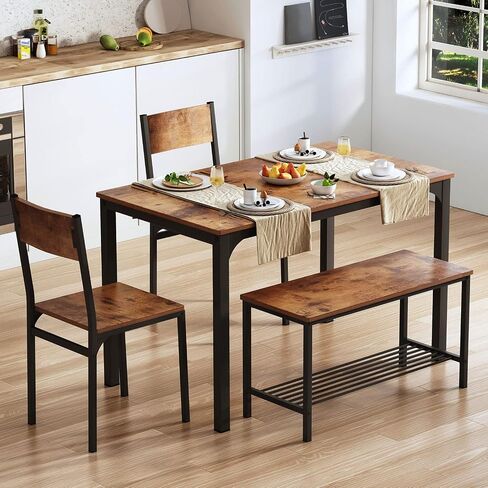 SDHYL Dining Table Set,Two Chairs and One Bench 4 Pieces Set Wooden Table Top with Metal Legs for Breakfast in Living Room, Kitchen Room, Dining Room,Space Saving Kitchen Table Set,Rustic Brown in Saudi Arabia