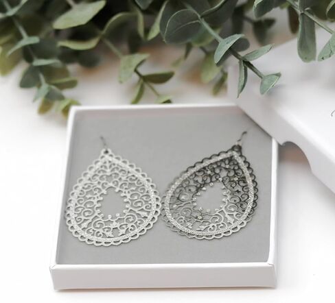 Scalloped Filigree Lace Teardrop Cutout Dangle Earrings on Hypoallergenic Titanium Hooks (Beige) in Saudi Arabia