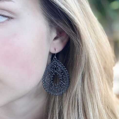 Scalloped Filigree Lace Teardrop Cutout Dangle Earrings on Hypoallergenic Titanium Hooks (Beige) in Saudi Arabia