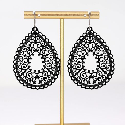 Scalloped Filigree Lace Teardrop Cutout Dangle Earrings on Hypoallergenic Titanium Hooks (Beige) in Saudi Arabia