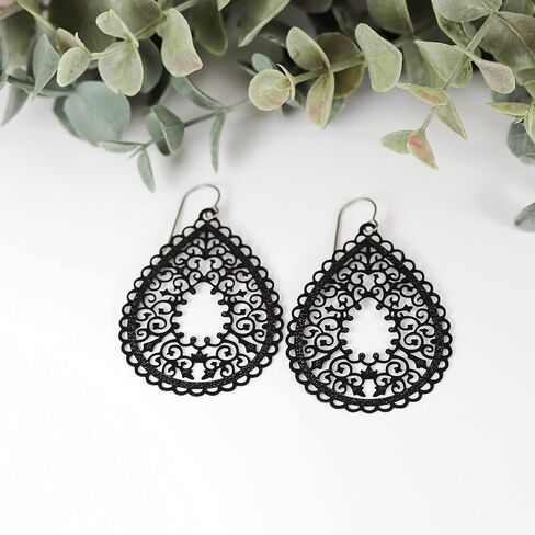 Scalloped Filigree Lace Teardrop Cutout Dangle Earrings on Hypoallergenic Titanium Hooks (Beige) in Saudi Arabia