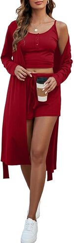 HANMAX Women's 3 Piece Outfits Matching Sets Summer Outfits Long Cardigan Knit Crop Tops and Shorts Tracksuit in Saudi Arabia