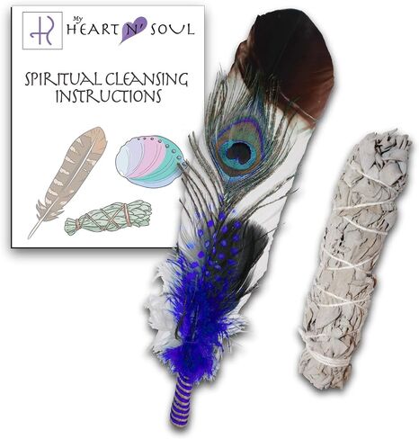 New Smudge Kit with Sage, Turkey and Peacock Feather, Unique Homecrafted Energy Cleansing Clearing Spiritual Practice House Smudging - Detailed Instructions for Beginners (Black/White) in Saudi Arabia