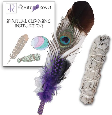 New Smudge Kit with Sage, Turkey and Peacock Feather, Unique Homecrafted Energy Cleansing Clearing Spiritual Practice House Smudging - Detailed Instructions for Beginners (Black/White) in Saudi Arabia
