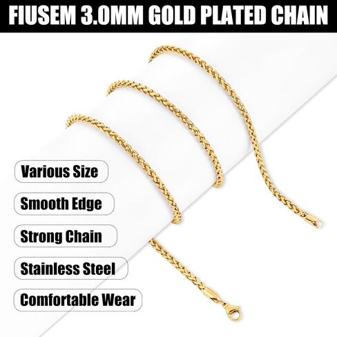 Fiusem Gold Plated Wheat Chain Necklace for Men, 2.5mm Mens Chain Necklaces, Stainless Steel Necklace Chains for Men and Women, Men Necklace Chain 16-28 Inch in Saudi Arabia