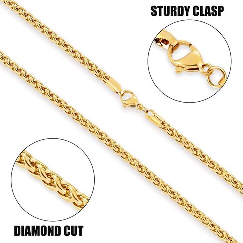 Fiusem Gold Plated Wheat Chain Necklace for Men, 2.5mm Mens Chain Necklaces, Stainless Steel Necklace Chains for Men and Women, Men Necklace Chain 16-28 Inch in Saudi Arabia