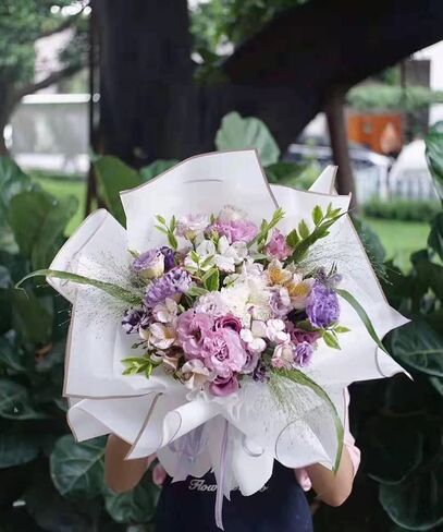 poewor 20 Sheets Gold Edge Flower Wrapping Paper Light purple Colors Waterproof Translucent Bouquet Packaging Paper Florist Bouquet Supplies for Wedding in Saudi Arabia