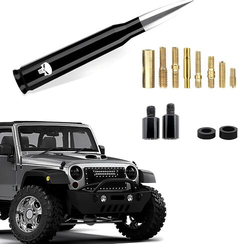 1 PC Car Bullet Antenna, 5.4" x 0.8" Skull Print Threaded Mount Alloy Signal Receiving Antenna, Modification Replacement Accessories, for Ford F150 Wrangler Jeep Chevrolet (Silver & Black) in Saudi Arabia
