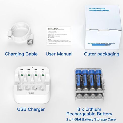 Rechargeable Lithium Batteries AA with Charger,Hixon 3500mWh High-Capacity AA Rechargeable Battery,Constant 1.5V Rechargeable Double A,1600 Cycle AA Li-ion Battery,Max 3A Current[8AA+1Charger] in Saudi Arabia