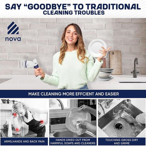 فرشاة تنظيف دوارة كهربائية من نوفا 2.0، فرشاة دوارة للحمام قابلة لإعادة الشحن لاسلكية محمولة لتنظيف الحوض/البلاط/الأرضية/الحوض/النافذة | محرك أقوى وبطارية أطول مع 6 رؤوس فرشاة تنظيف قابلة للاستبدال in Kuwait