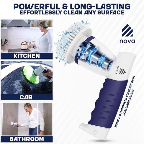 فرشاة تنظيف دوارة كهربائية من نوفا 2.0، فرشاة دوارة للحمام قابلة لإعادة الشحن لاسلكية محمولة لتنظيف الحوض/البلاط/الأرضية/الحوض/النافذة | محرك أقوى وبطارية أطول مع 6 رؤوس فرشاة تنظيف قابلة للاستبدال in Kuwait