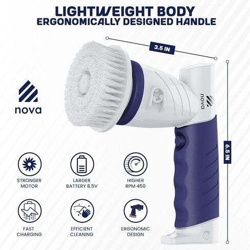 فرشاة تنظيف دوارة كهربائية من نوفا 2.0، فرشاة دوارة للحمام قابلة لإعادة الشحن لاسلكية محمولة لتنظيف الحوض/البلاط/الأرضية/الحوض/النافذة | محرك أقوى وبطارية أطول مع 6 رؤوس فرشاة تنظيف قابلة للاستبدال in Kuwait
