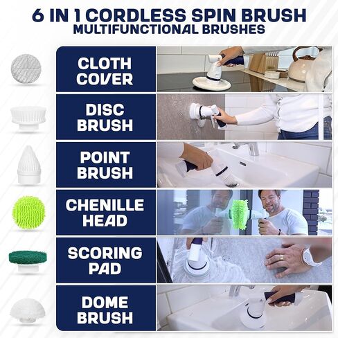 فرشاة تنظيف دوارة كهربائية من نوفا 2.0، فرشاة دوارة للحمام قابلة لإعادة الشحن لاسلكية محمولة لتنظيف الحوض/البلاط/الأرضية/الحوض/النافذة | محرك أقوى وبطارية أطول مع 6 رؤوس فرشاة تنظيف قابلة للاستبدال in Kuwait