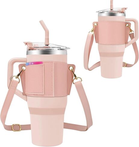Water Bottle Holder for Stanley Tumbler with Handle, Leather Carrier Strap for 40 oz 30 oz Stanley Cup Accessories, Water Bottle Carrier with Adjustable Strap, Card Holder, Keyring (Black) in Saudi Arabia