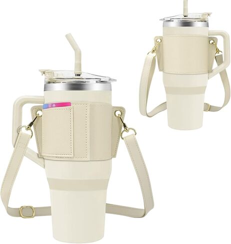 Water Bottle Holder for Stanley Tumbler with Handle, Leather Carrier Strap for 40 oz 30 oz Stanley Cup Accessories, Water Bottle Carrier with Adjustable Strap, Card Holder, Keyring (Black) in Kuwait