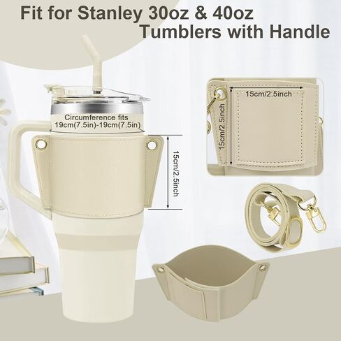 Water Bottle Holder for Stanley Tumbler with Handle, Leather Carrier Strap for 40 oz 30 oz Stanley Cup Accessories, Water Bottle Carrier with Adjustable Strap, Card Holder, Keyring (Black) in Kuwait