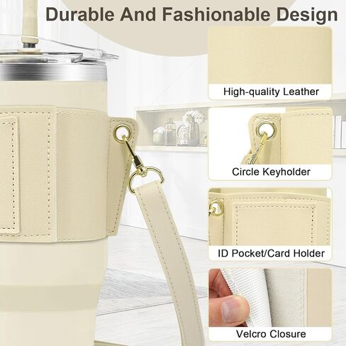 Water Bottle Holder for Stanley Tumbler with Handle, Leather Carrier Strap for 40 oz 30 oz Stanley Cup Accessories, Water Bottle Carrier with Adjustable Strap, Card Holder, Keyring (Black) in Kuwait