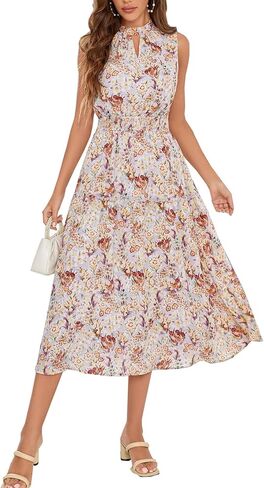 JASAMBAC Women's 2024 Summer Floral Dress Sleeveless Flowy Ruffle Trim Tie Back Elastic Waist Midi A-line Dress in Saudi Arabia