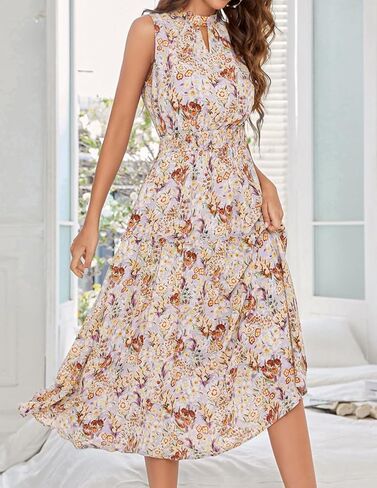 JASAMBAC Women's 2024 Summer Floral Dress Sleeveless Flowy Ruffle Trim Tie Back Elastic Waist Midi A-line Dress in Saudi Arabia