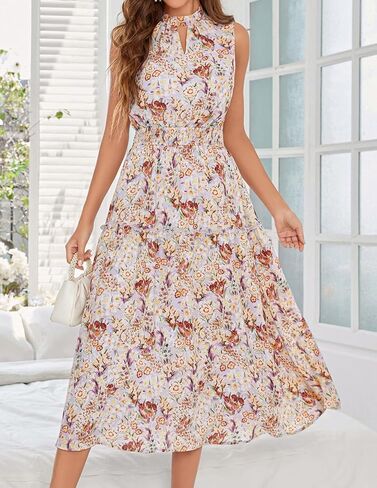 JASAMBAC Women's 2024 Summer Floral Dress Sleeveless Flowy Ruffle Trim Tie Back Elastic Waist Midi A-line Dress in Saudi Arabia