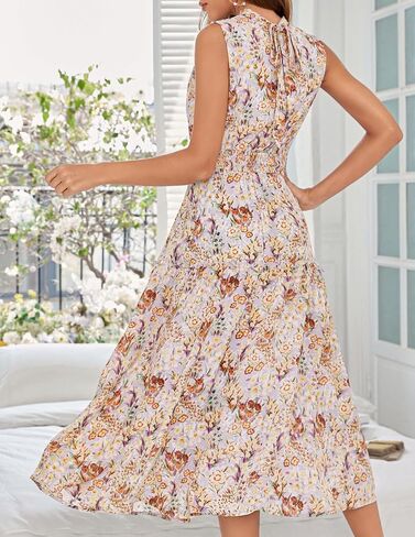 JASAMBAC Women's 2024 Summer Floral Dress Sleeveless Flowy Ruffle Trim Tie Back Elastic Waist Midi A-line Dress in Saudi Arabia