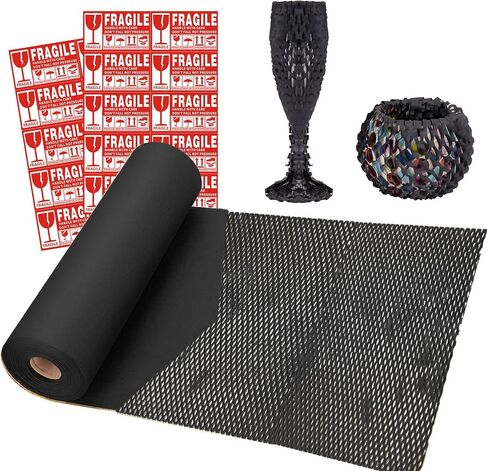 Larcenciel Honeycomb Packing Paper Roll 15"x98' w/Fragile Stickers, Cushioning Kraft Black Wrapping Paper, Biodegradable Packing Material Alternative to Bubble Wrap for Moving Packing Filler Shipping in Saudi Arabia