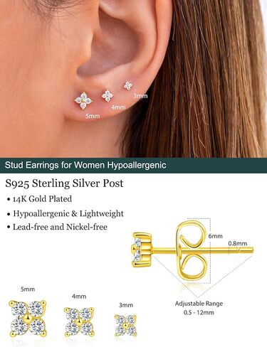 3 Pairs 14k Gold Stud Earrings for Women Hypoallergenic 925 Sterling Silver Post Dainty Cartilage Tragus Earrings Stacks Set Trendy Small Diamond Heart Multiple Piercing Jewelry for Men in Saudi Arabia