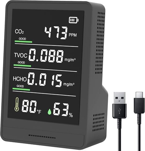 جهاز مراقبة جودة الهواء الداخلي 5 في 1، احترافي ودقيق لثاني أكسيد الكربون، TVOC، HCHO، عداد جسيمات الرطوبة ودرجة الحرارة، للمنزل، المكتب، المدرسة، الفندق، جهاز اختبار جودة هواء السيارة باللون الأسود in Kuwait