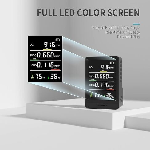 جهاز مراقبة جودة الهواء الداخلي 5 في 1، احترافي ودقيق لثاني أكسيد الكربون، TVOC، HCHO، عداد جسيمات الرطوبة ودرجة الحرارة، للمنزل، المكتب، المدرسة، الفندق، جهاز اختبار جودة هواء السيارة باللون الأسود in Kuwait