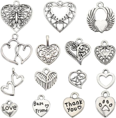 SUNNYCLUE 1 Box 90Pcs 15 Styles Heart Charms Hearts Charm Valentine's Day Assorted Love Charms Collection Tibetan Style Alloy Mother's Day Charm for Jewelry Making Charms Valentine Gifts DIY Crafting in Saudi Arabia