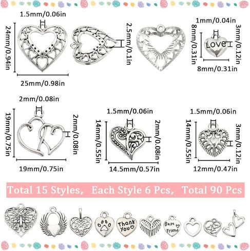 SUNNYCLUE 1 Box 90Pcs 15 Styles Heart Charms Hearts Charm Valentine's Day Assorted Love Charms Collection Tibetan Style Alloy Mother's Day Charm for Jewelry Making Charms Valentine Gifts DIY Crafting in Saudi Arabia