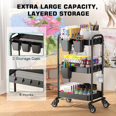 عربة YASONIC ذات 3 طبقات، عربة أدوات معدنية مع 3 أكواب تعليق و4 خطافات، منظم عربة تخزين شبكي مطور، سهلة التجميع، عربات دوارة بعجلات للمطبخ المكتبي in Kuwait