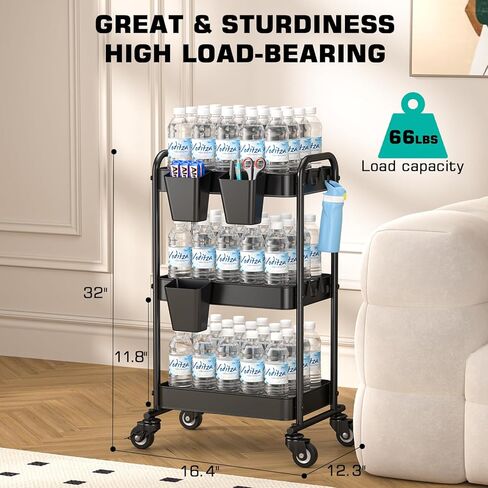 عربة YASONIC ذات 3 طبقات، عربة أدوات معدنية مع 3 أكواب تعليق و4 خطافات، منظم عربة تخزين شبكي مطور، سهلة التجميع، عربات دوارة بعجلات للمطبخ المكتبي in Kuwait